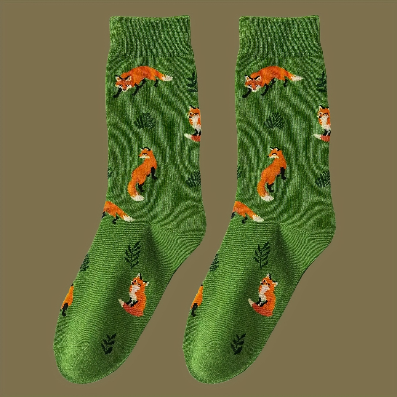 Image of 1 Pair Women's Mid-calf Socks - Fox & Foliage Print Lime Green, Soft Breathable Fabric, Trendy Animal Pattern For Casual & Fashion Outfits, Cute Socks, , Natureinspired Design, Comfortable Wear