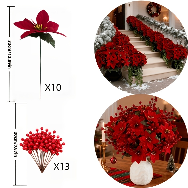 TEMU 23 pièces Fleur de Poinsettia Artificielle à - Décoration de Noël Rouge Fausses Fleurs avec Feuilles - Matériau Durable et Entretien - Convient