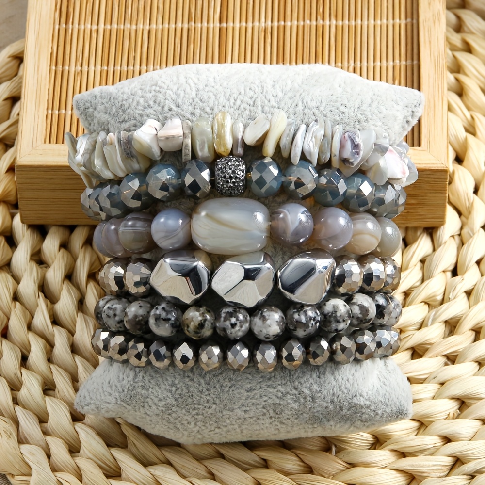 Multicolor Beaded Stackable Bracelet Set Boho Style Elastic 6pcs
