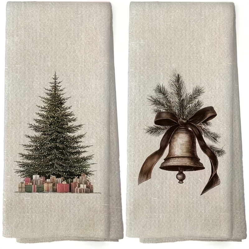TEMU 2pcs Set Vintage -style Christmas Decorative Towels, Hand-painted Cedar Christmas Tree And Vintage Bell Print Absorbent Towels, Low- Rustic