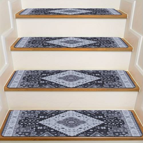 15 x 30 stair treads for wooden steps indoor persian pattern non slip carpet stair treads with reusable for elders and dogs surface polyester tpr backing stair rugs