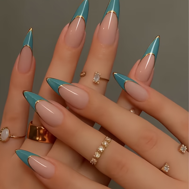 TEMU 24 Medium-length Almond-shaped Press-on Fake Nail Art Pieces, With Patterns And Blue French | Easy And Stylish, Full Coverage, Glossy, Suitable