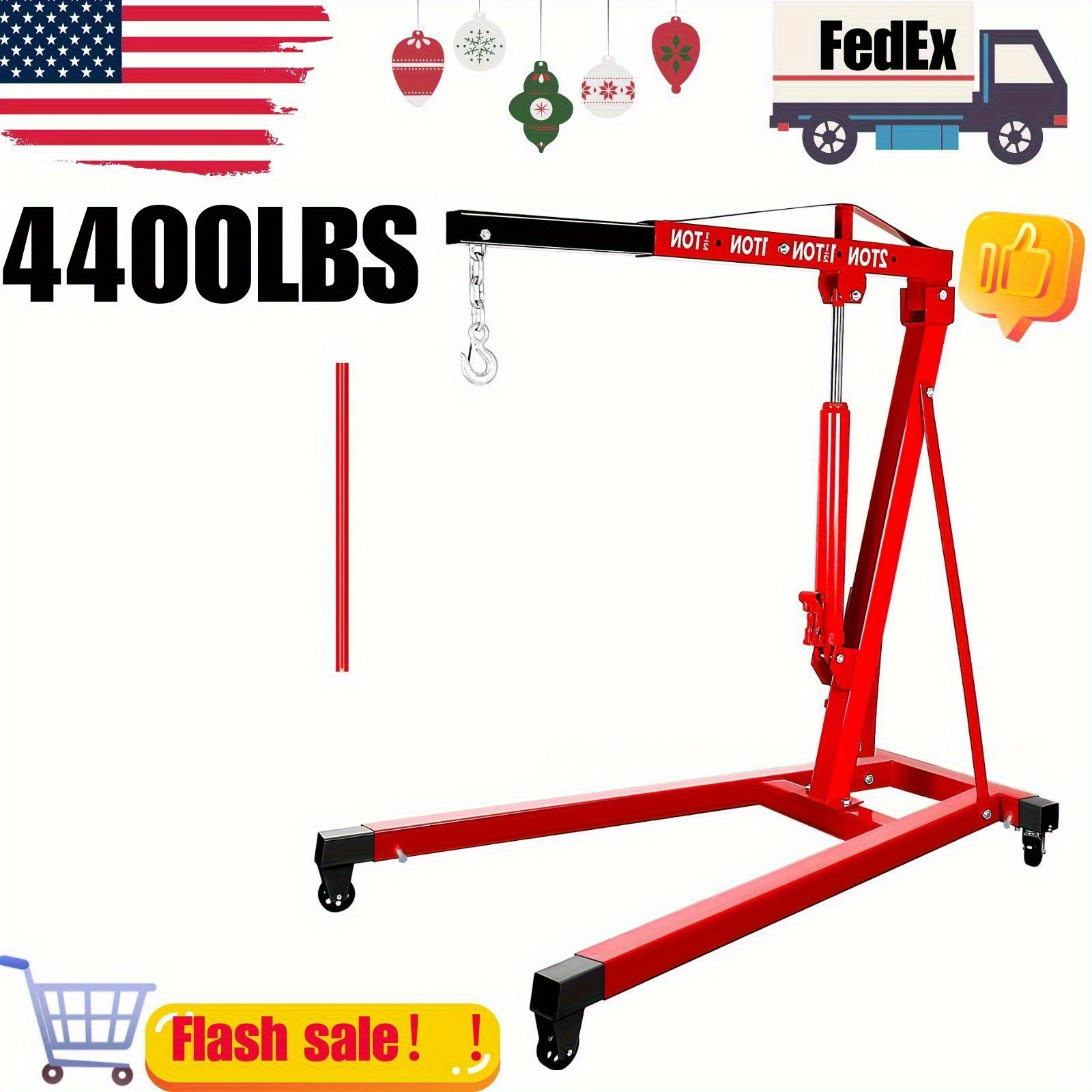 2 Ton Engine Hoist, Carbon Steel Cherry Picker Engine Hoist with 4 Casters, Hydraulic Engine Crane Hoist Cherry Picker Shop Crane for Garage Factory Warehouse, Red (NO Folding Red)