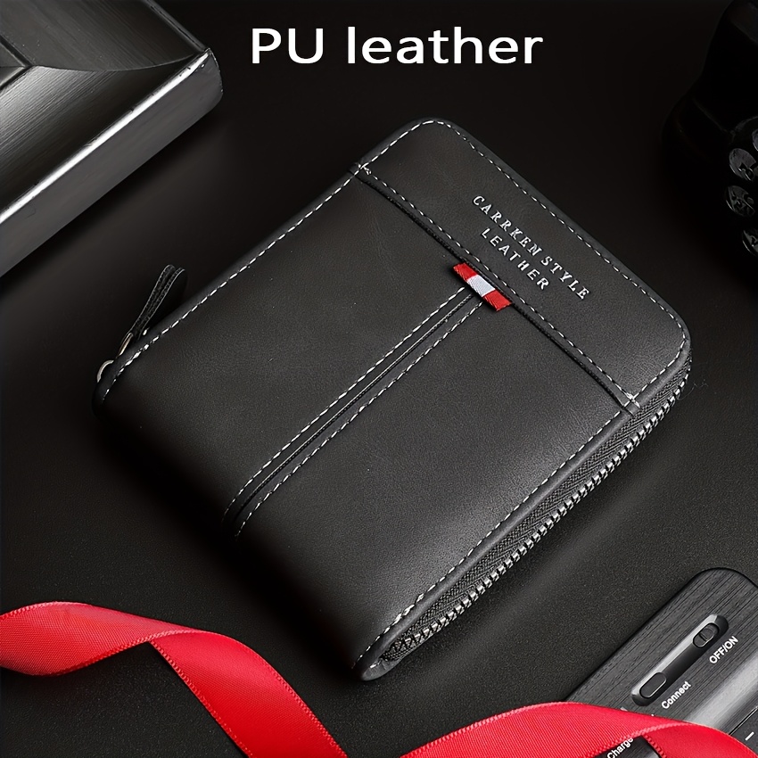 Men's Short Wallet, Fashionable Horizontal Small Zippered Purse, Stylish Multi-functional Leather Patch Wallet With Multiple Card Slots And Id Compartment