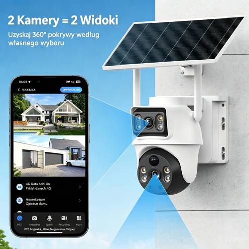 kamera bezpieczeństwa z podwójnym obiektywem i podwójnym ekranem, inteligentna kamera bezpieczeństwa zasilana energią słoneczną, monitorowanie ptz z obrotem 360°, wyposażona w panel słoneczny i baterię, wykrywanie ruchu, kolorowe widzenie nocne, odpowiednia do domu/biznesu/na zewnątrz