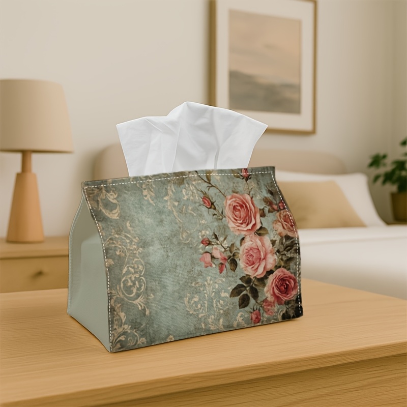 TEMU 1pc Vintage Romantic Classic Tissue Box- Multi-functional Napkin Dispenser, Made Of Durable Polyester, Decorated With Rose Ornament Green,