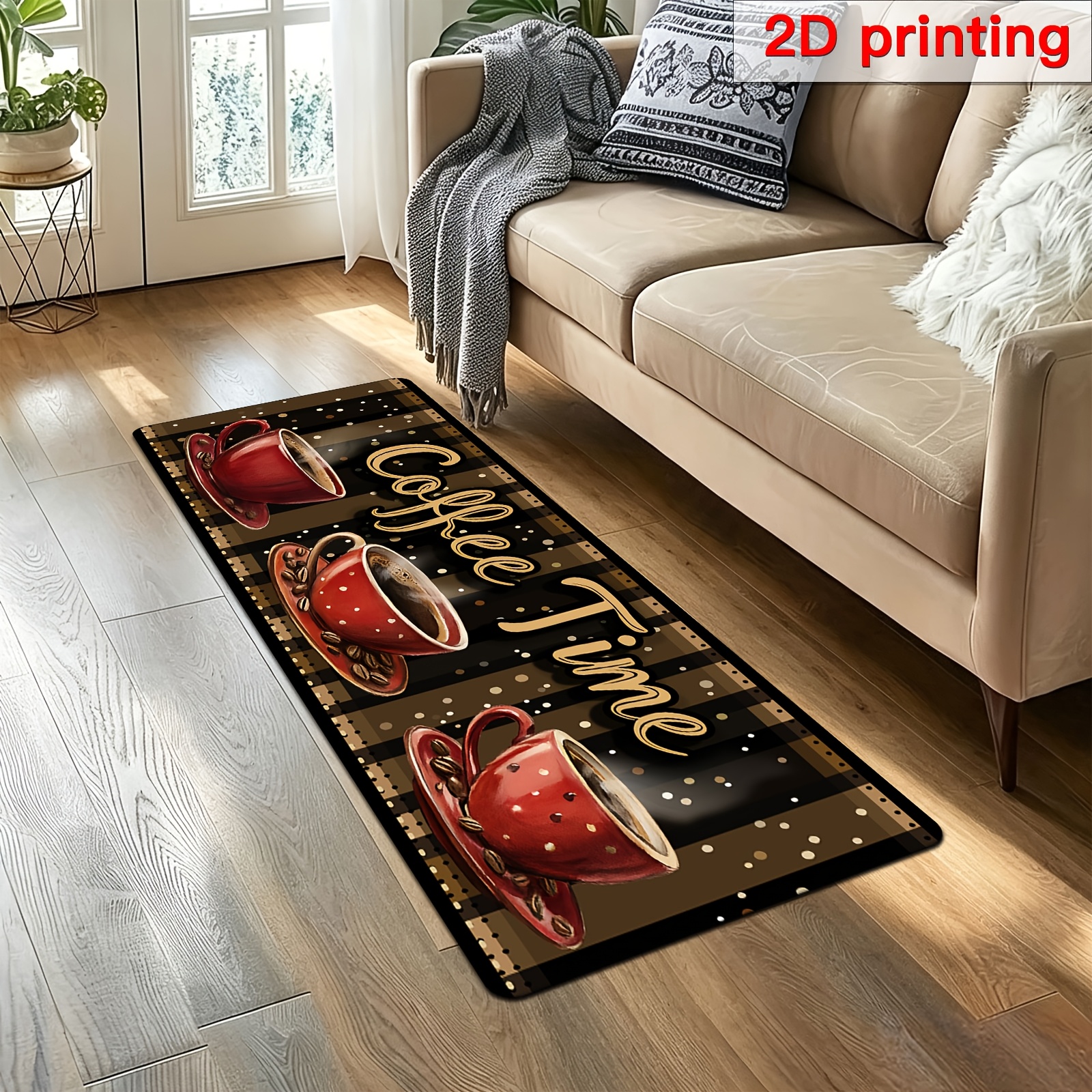 TEMU Tapis de Course Bohème 2D Plat 1 Pièce, Matériau en Flanelle, Design Vintage de Tasse Rouge, Lavable en Machine, Adapté pour Entrée, Porche,