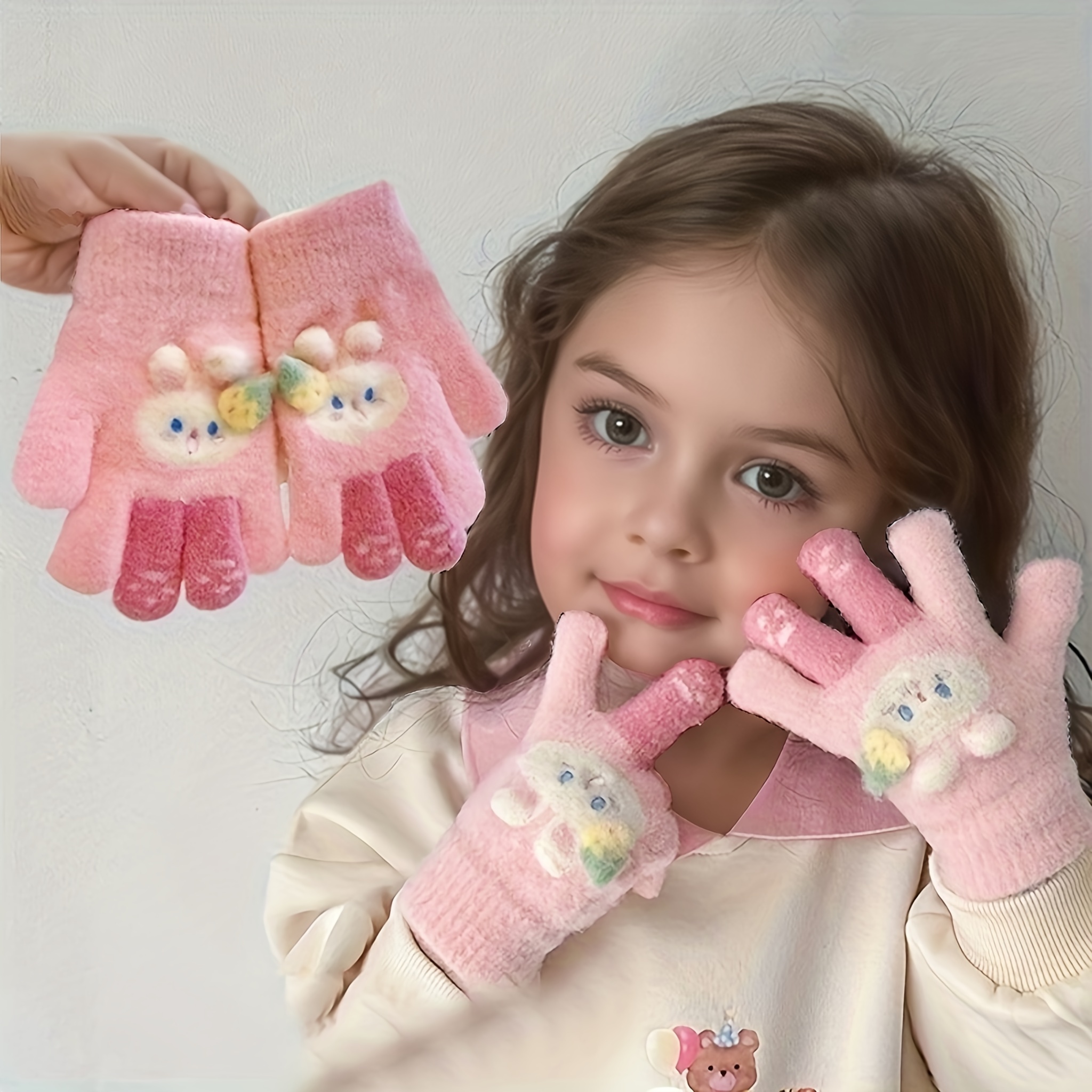 

1pc Gants Mignons Jeunes - Chauds, Pelucheux, Épais /Hiver, , Mélange de Tricotée (/Acrylique), à Doigts Complets, Lavable , le & le Jeu en Extérieur, Convient aux Filles de 2 à 4 Ans