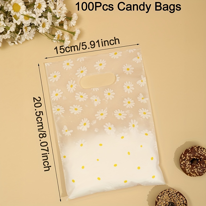 Image of 100pcs Daisy Pattern Thank You Gift Bags With Plastic Handles - Transparent, Durable & Reusable - Ideal For Mother's Day, Parties, Holidays & Retail Shopping, Small Gift Bags