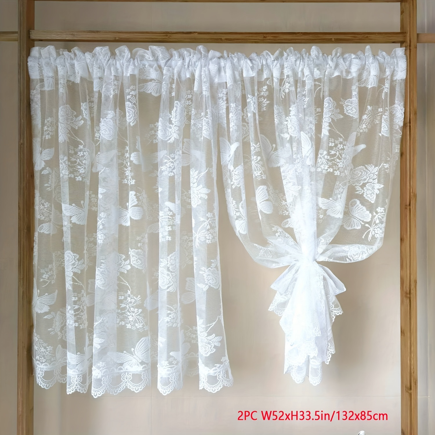2-panel White Lace Curtain For Kitchen Bedroom, Jacquard Sheer Short Curtains For Windows, Half Door Home Decor