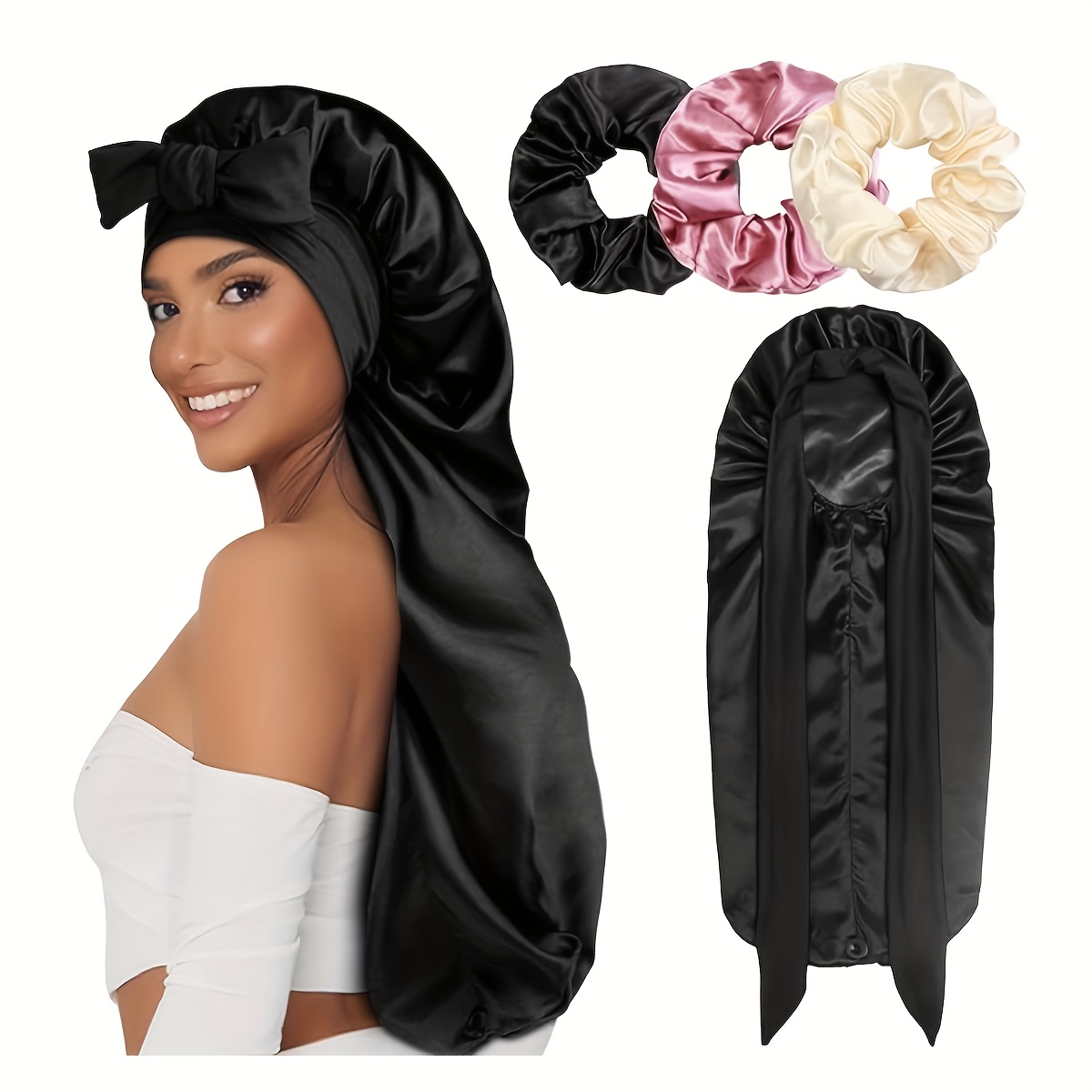 1+3 Long Satin Bonnet With Headband, Suitable For Women's Sleeping, Large Braided Hat
