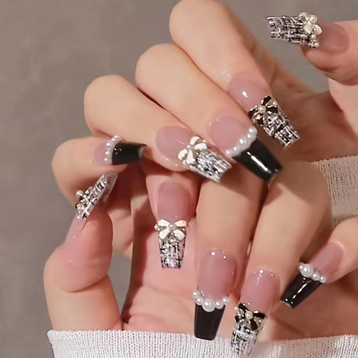 

Elegant Black French-inspired Press-on Nails With Rhinestones And Bow Detail, , Medium Length - 24pcs Set, Waterproof And Removable