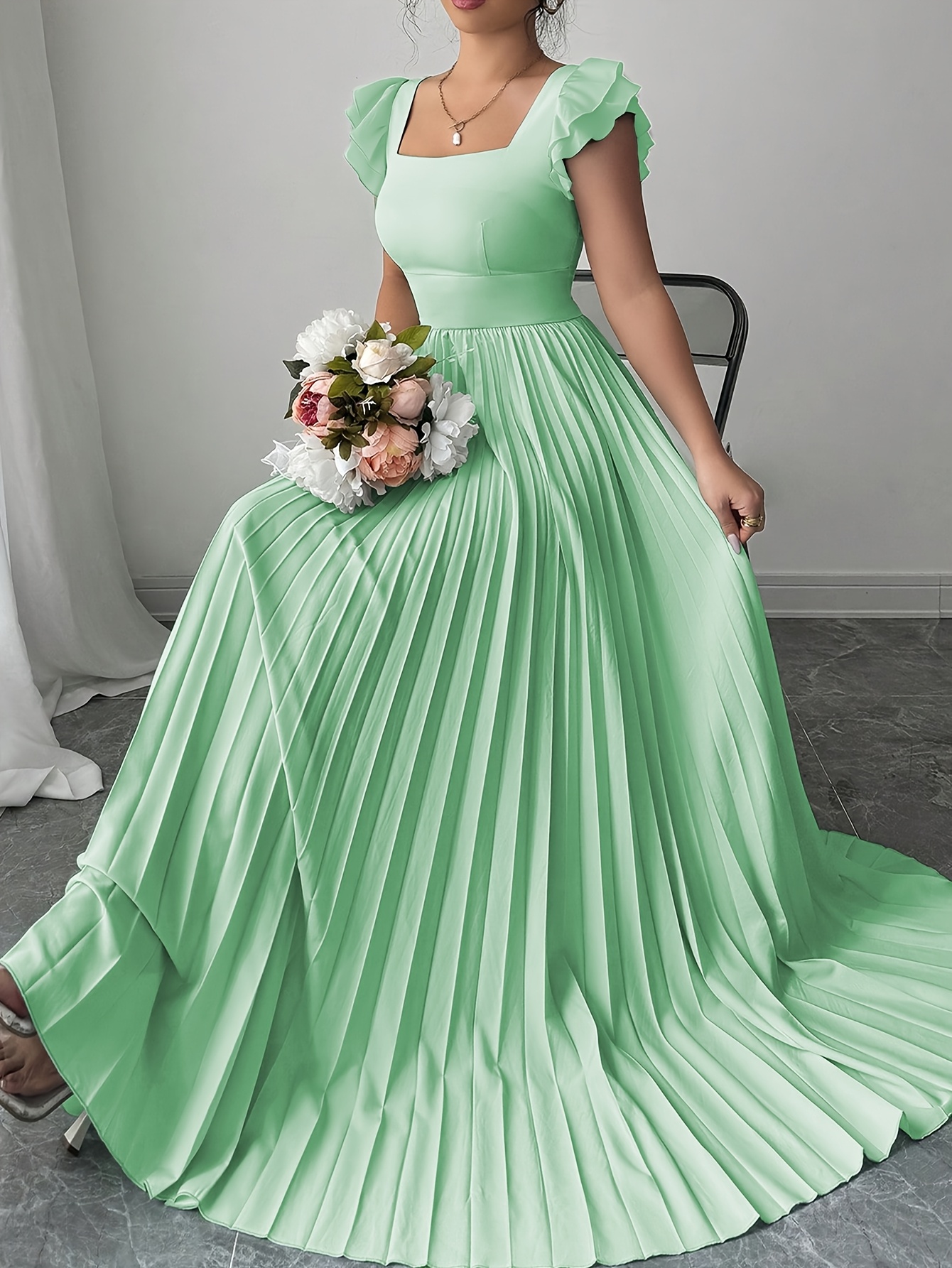 ladies elegant solid color pleated square neckline dress - Temu Qatar