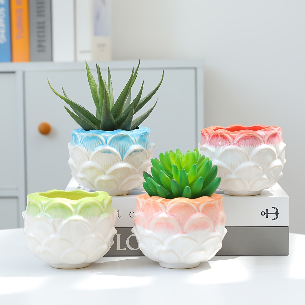 juego de 4  s cerámicas para suculentas pequeñas y redondas con agujero de drenaje   de   para flores,   para cactus y decoración  ,  