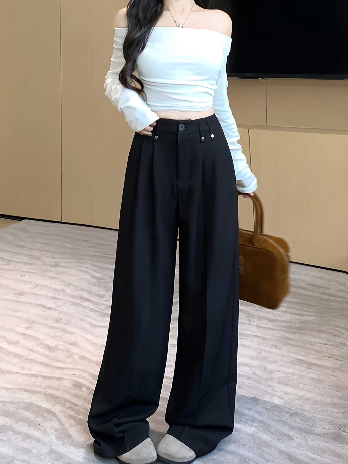 white christmas dresses Pleated Wide Leg Dress Pants for Tall Women in Black 16 / Extra Tall / Black main image 1