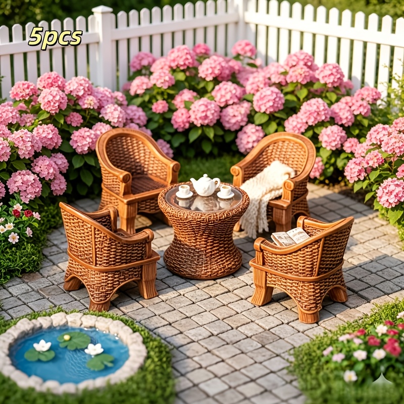 TEMU 5pcs, Mini Simulation Plastic Rattan Furniture Set, Micro Landscape Mini Decorative Furniture, Decoration For Mini Home Decor And Craft Projects