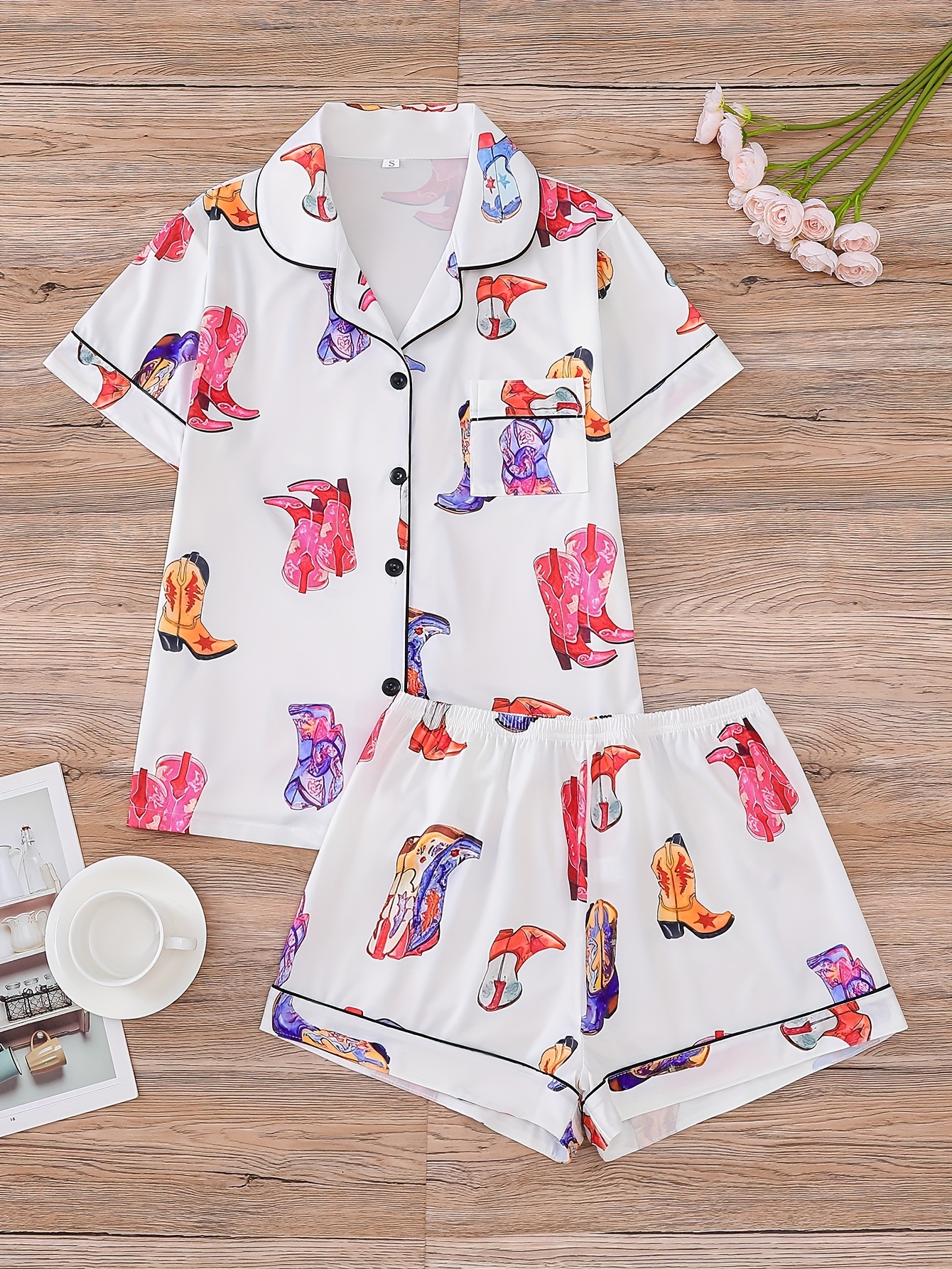 Ensemble pyjama femme imprimé denim pièces, chemise à boutons confortable  à manches courtes et shorts élastiques pyjama décontracté pour fem