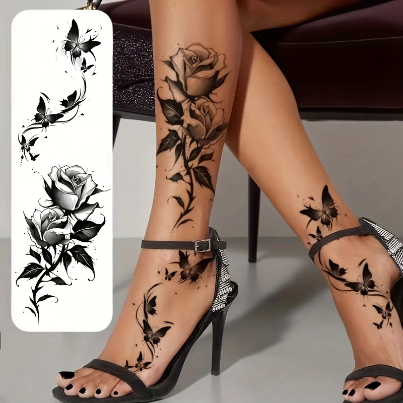 2 Sheets Temporary Tattoo Stickers Suitable For Women & - Long-lasting Fake Tattoos With Black Flower & /rose Designs, Application For , Legs, Chest - Durable Body For Parties, Festivals, Daily Use