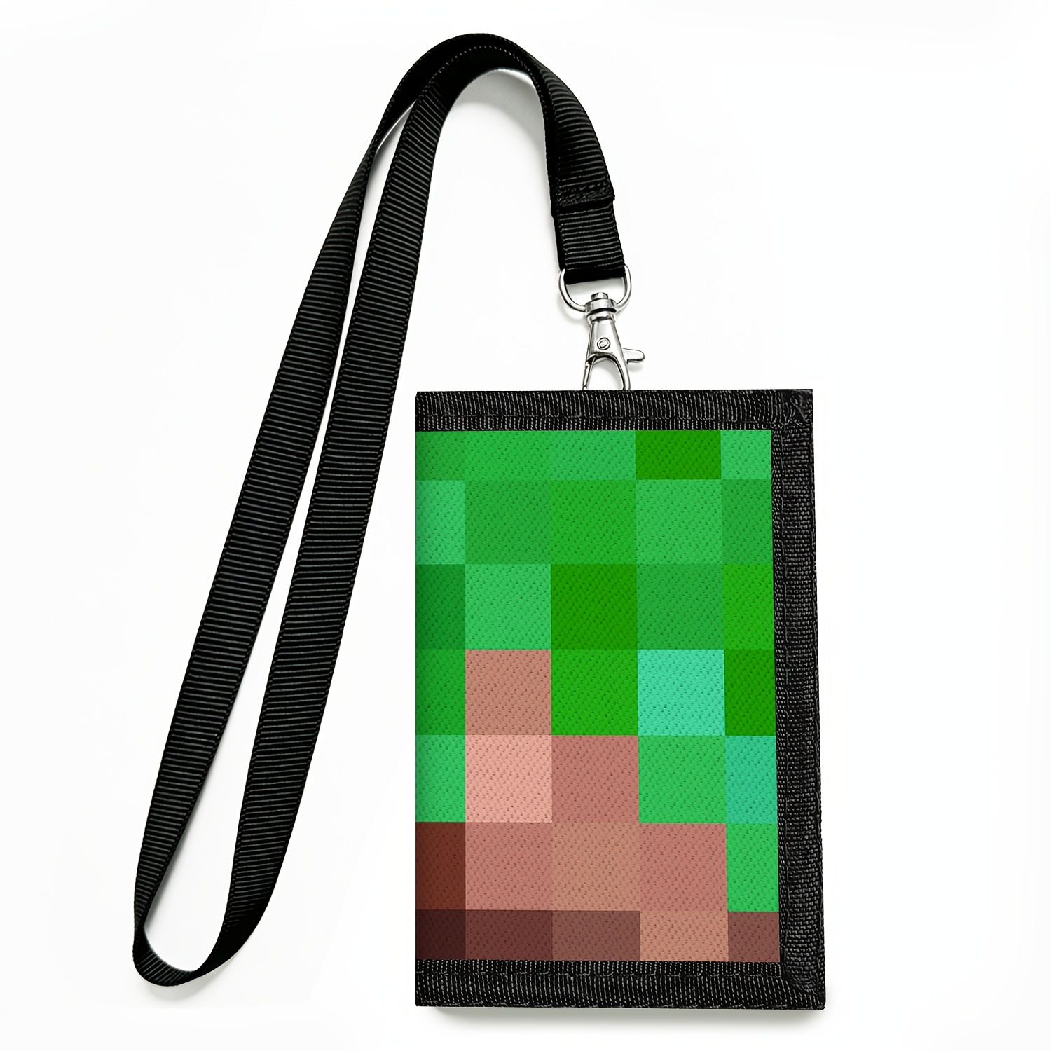Neck-hanging Design With Lanyard, Durable Canvas Trifold Lanyard Wallet, Pixel Block Print Wallet, Daily School Id Holder