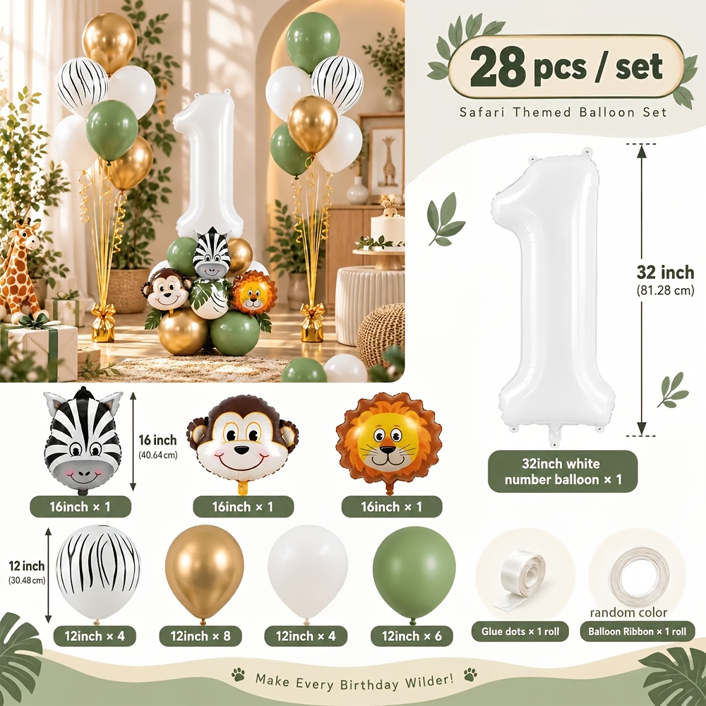 TEMU Decorazioni per Compleanno Wild One, 28 pz Set Palloncini con con Palloncini a Forma di Zebra, Leone e , Nastro a Colori Casuali, Adatte per