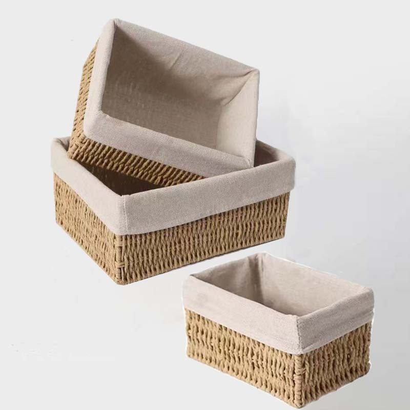 3pcs Boho Style Paper Woven Storage Baskets | Fabric Lined, Ideal For Bathroom Toiletries And Desktop Organization, Shelf Baskets