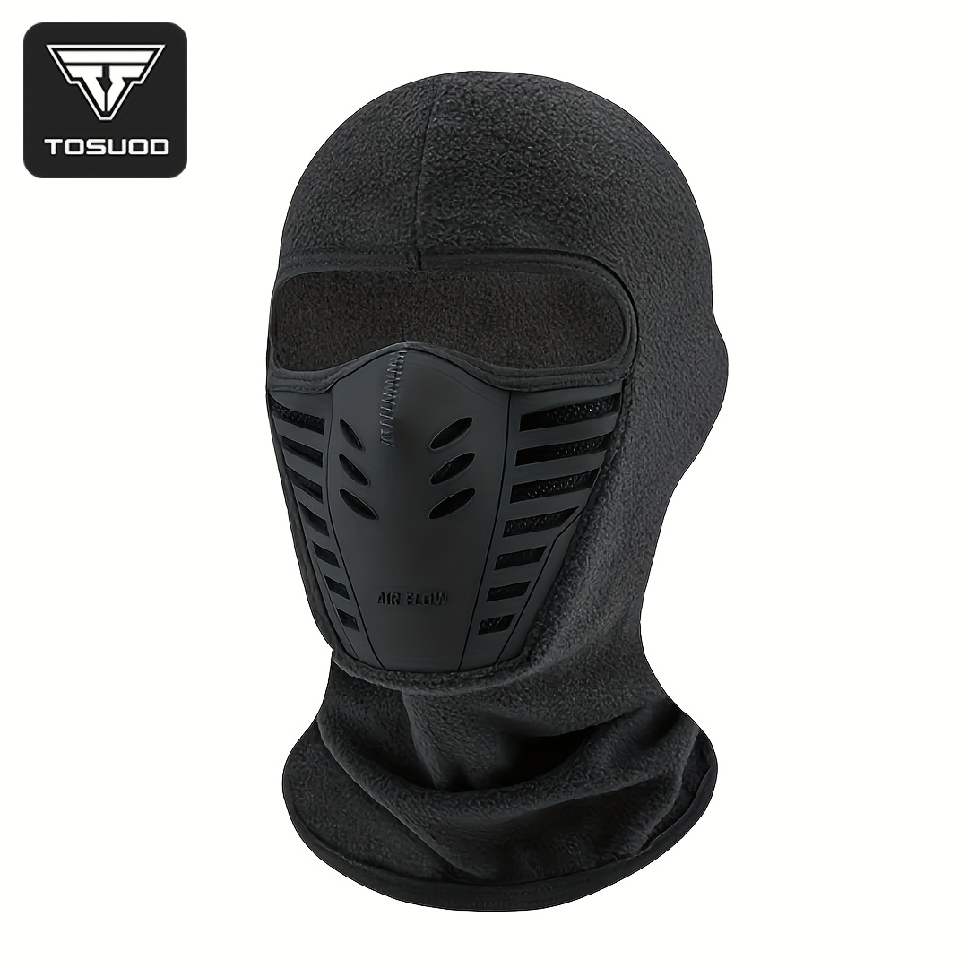 TEMU Tosuod Unisex Motorcycle Winter Riding Mask - Warm Breathable Polyester Face Cover With Ventilation Holes, Black For Cold Weather Riding,