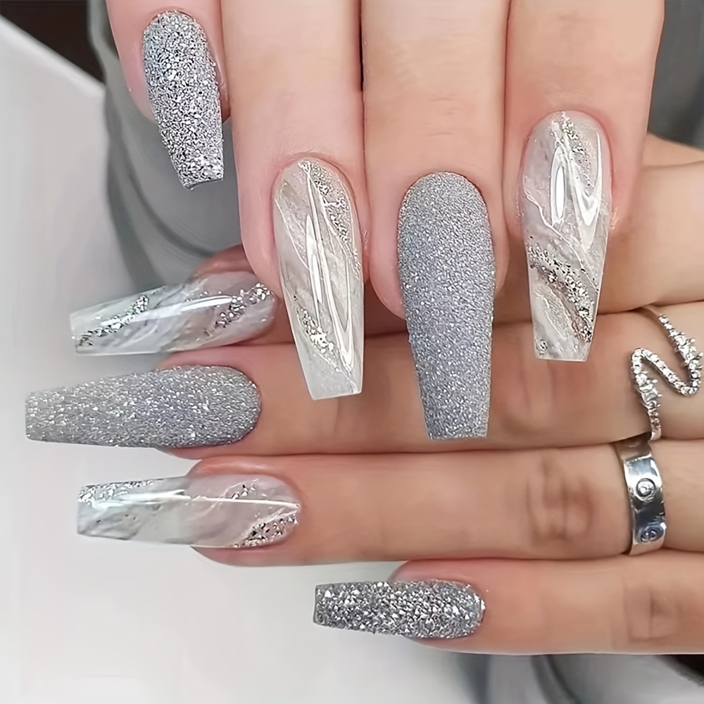 24pcs Glossy Super Long Coffin Press On Nails Design Fake Nails With Glitter Artificial Reusable False Nails For Women And