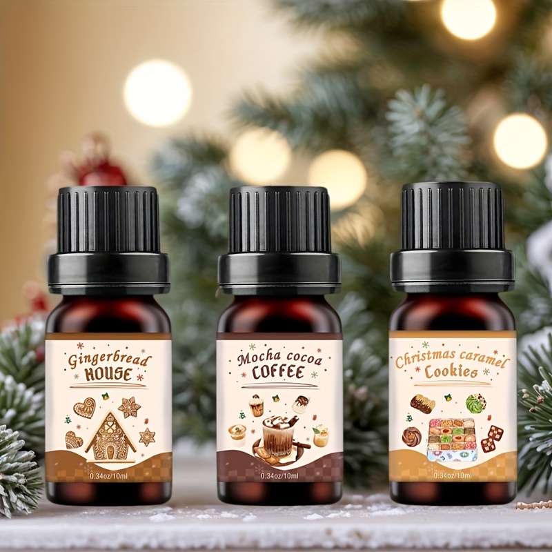 Pack de 3 Huiles Essentielles Parfumées Alimentaires de Noël, Cadeau d'Halloween, 10ML par Flacon, Coffret Premium, Inclut Maison en Pain d'Épice, Café Mocha Cacao, Biscuit Caramel de Noël, pour Humidificateurs, Diffuseurs d'Aromathérapie, Bougies Parfumées, Brûleurs d'Aromathérapie, Fêtes de Fin