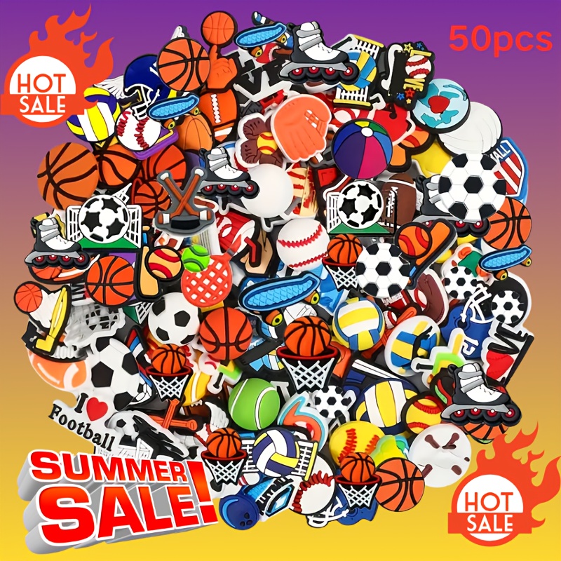 TEMU 50pcs Boys Ball Series Pvc Shoe Accessories For Sandals, Boots, Jewelry And Wrist Straps. Party Gifts, Birthday Celebration Gifts, Fun Shoe Accessories