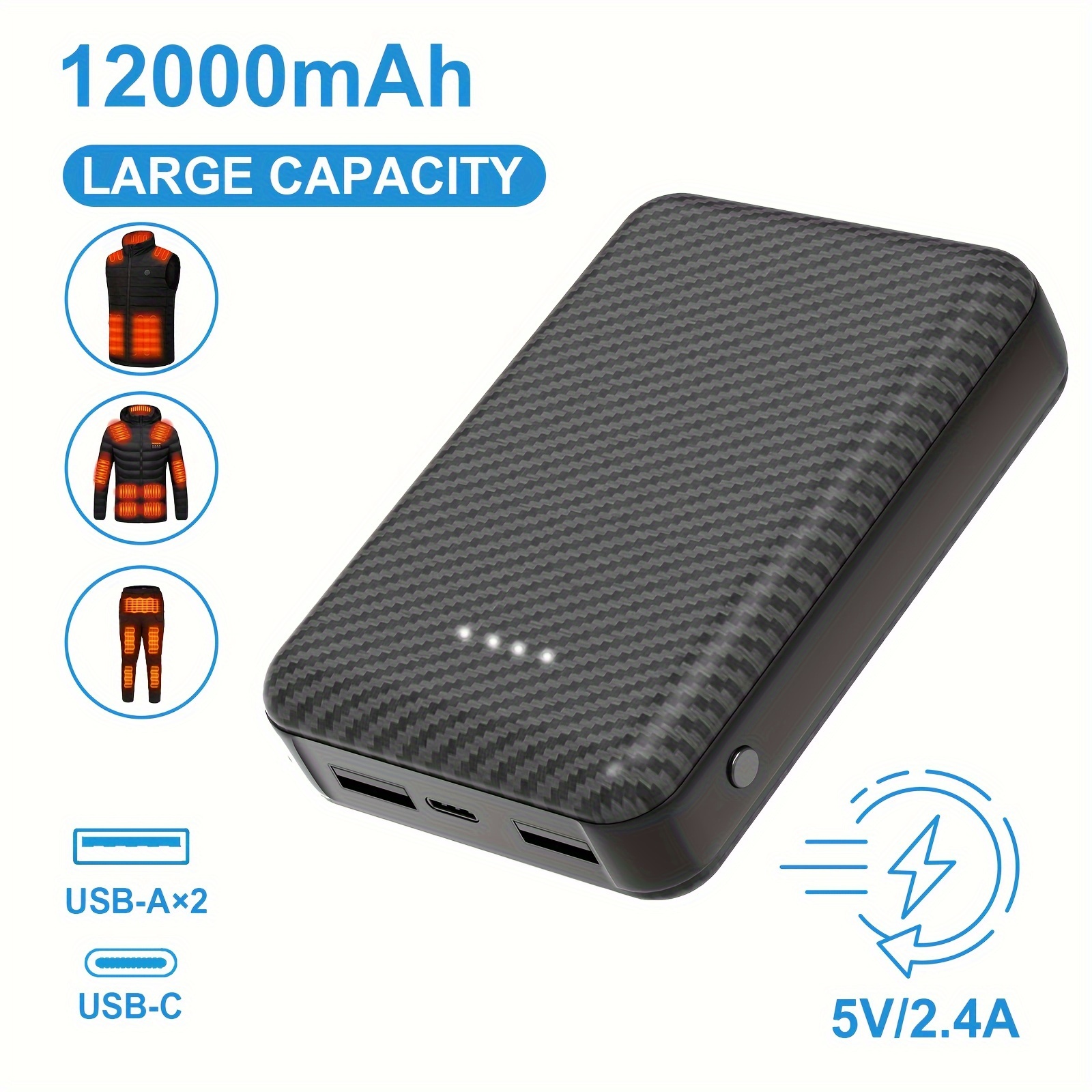 

Batterie externe de 12000 mAh - Banque d'alimentation 5V 2A veste chauffante et à chauffant, chargeur portable USB C compatible iPhone iPad Samsung Tablet, etc.