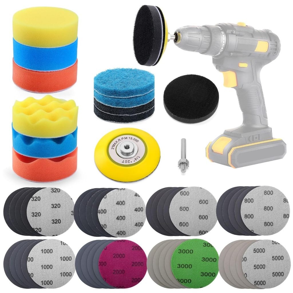 TEMU Kit de de Phares 53 Pièces, Inclut Papier Abrasif de 3 Pouces (Grain 320-15000), Disques de Ponçage pour Perceuse avec Tige de 1/4 Pouce, Papier