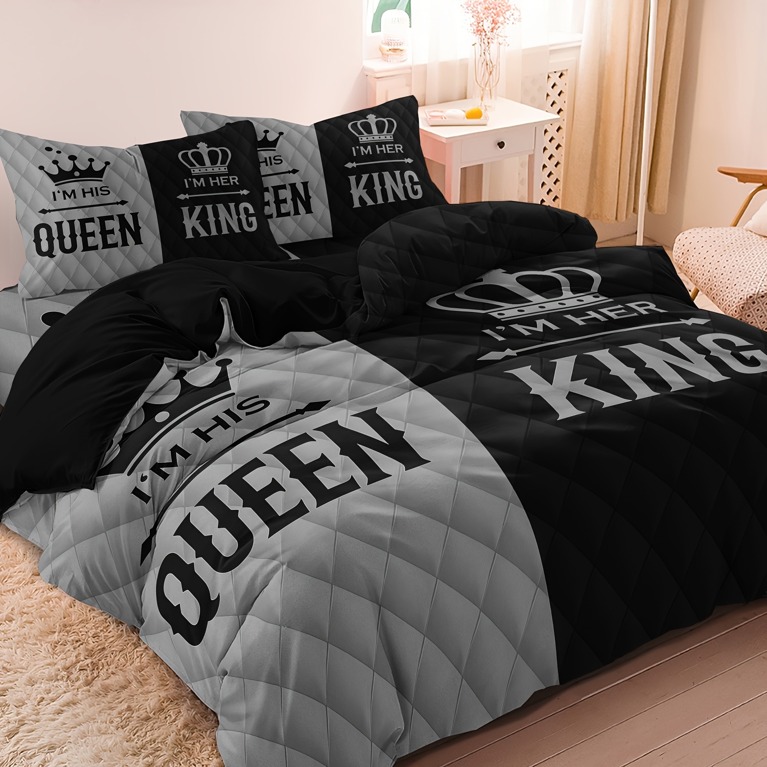 TEMU 3pcs Romantic King Queen Print Duvet Cover Set, /black Gray Couple Bedding, Soft Breathable For Room Bedroom Decor, All Season, (1 X Duvet Cover