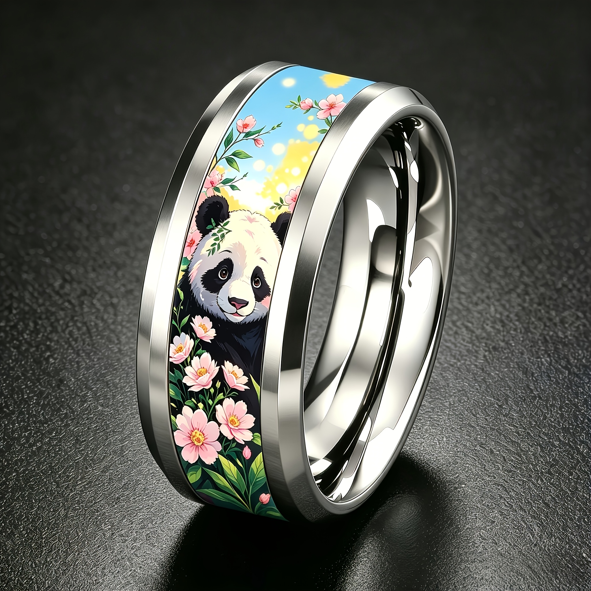 Spring Bloom Panda Printed 304 Stainless Steel Ring, 8mm