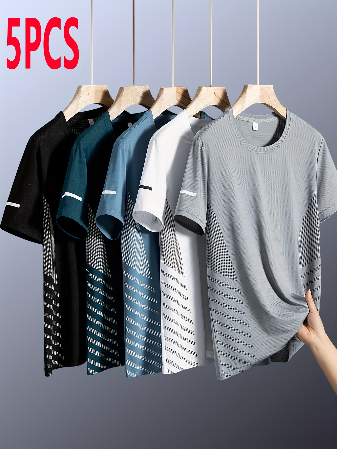 5pcs summer mens casual sports shirts round neck mesh breathable quick dry moisture wicking short sleeve knit t shirts with   fashion printed breathable sweatshirts suitable for   fishing outdoor hiking travel and  