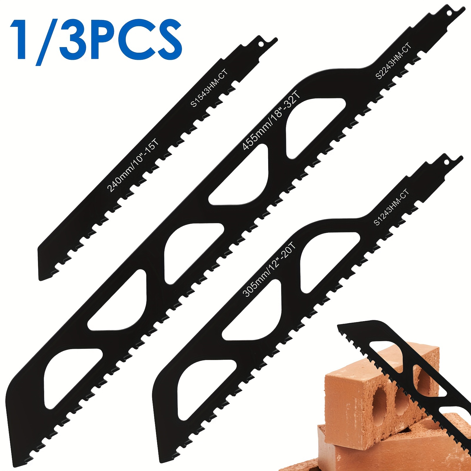 

1/3pcs Reciprocating Saw Blade Alloy Steel 2 Tpi Teeth Tipped Cutting Saw Blade Demolition Masonry Saw Blade Universal Brick Cutting Saw Blade For Porous Concrete Brick