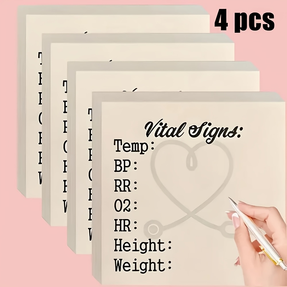 TEMU 4pcs Nurse Sticky Notes - 200 Daily Monitoring Notepads, Nursing Signs Checklist Pad, Patient Health Checklist Sticky Notes, Record Heart Rate
