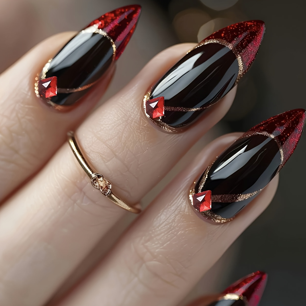 TEMU 24pcs Red Nail Tip Rhinestone Design Fake Nails Party Banquet Dark Style Nail Stickers Gothic Style Black Red Glitter Diamond Pointed Wearable