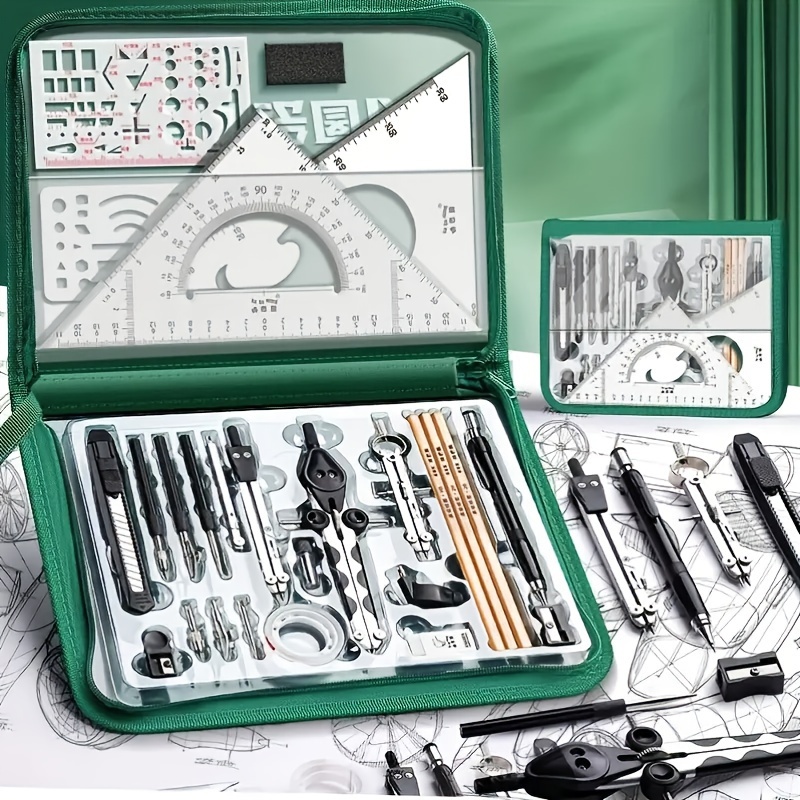 

Deluxe Stainless Steel Drawing Tool Set - Precision & Cad Tools With Protractor, Compass, Erasers & More For Architectural Sketching - Ideal For Students & Engineers, Includes Green Carrying Case