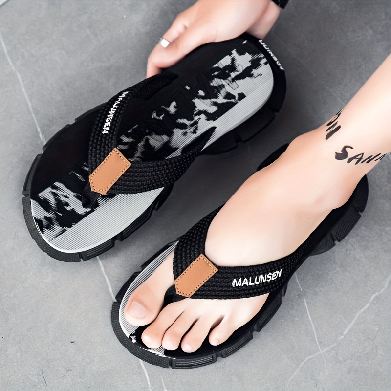 mens fashion flip flops summer non slip thong sandals with thick soft sole comfortable for daily wear beach   black white striped design eva material   outdoor activities beach footwear striped flipflops eva sandals Product details 1