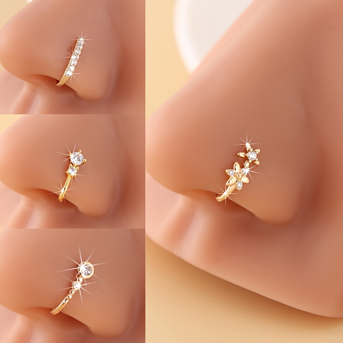 4- Flower Nose Clips, Inlaid With Synthetic Zirconia, Fake Piercing- Jewelry, Fashion Nose Rings Suitable For Daily Wear