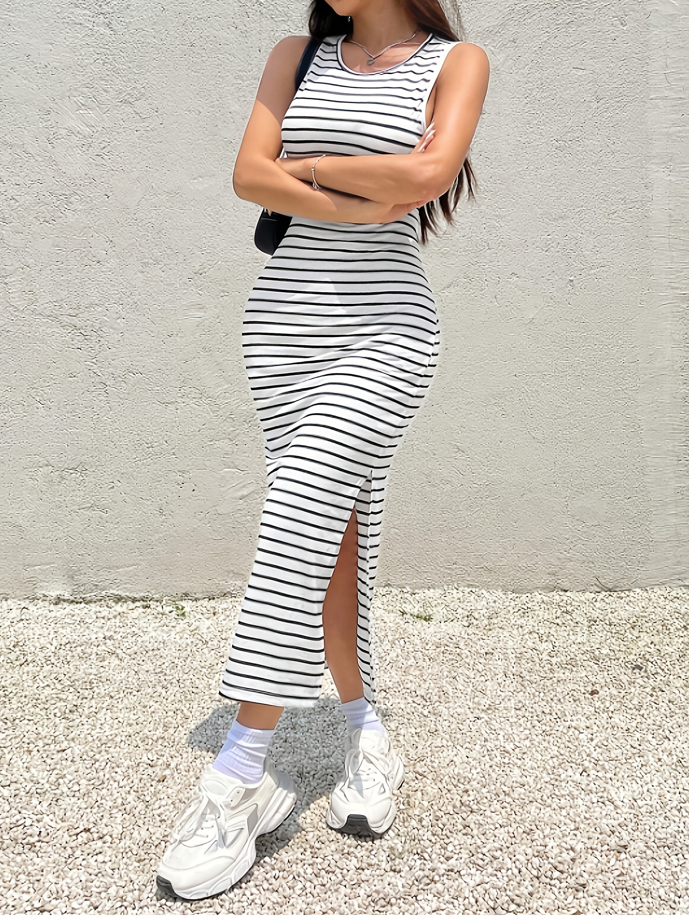 navy blue dress for baby girl women's striped backless side slit dress - women's clothing