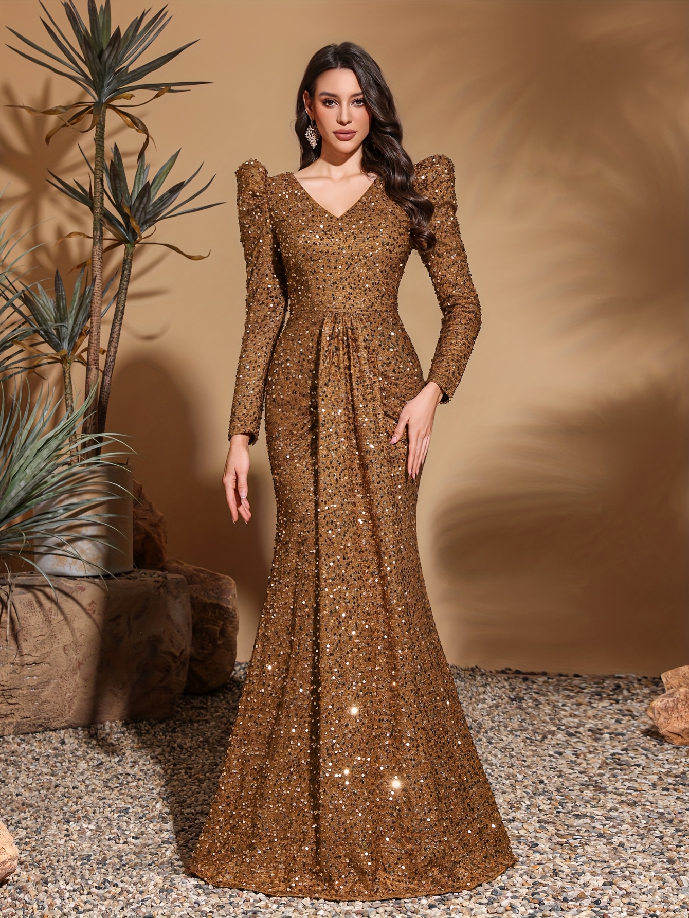 elegant golden sequin long sleeve v neck gown chic evening Temu
