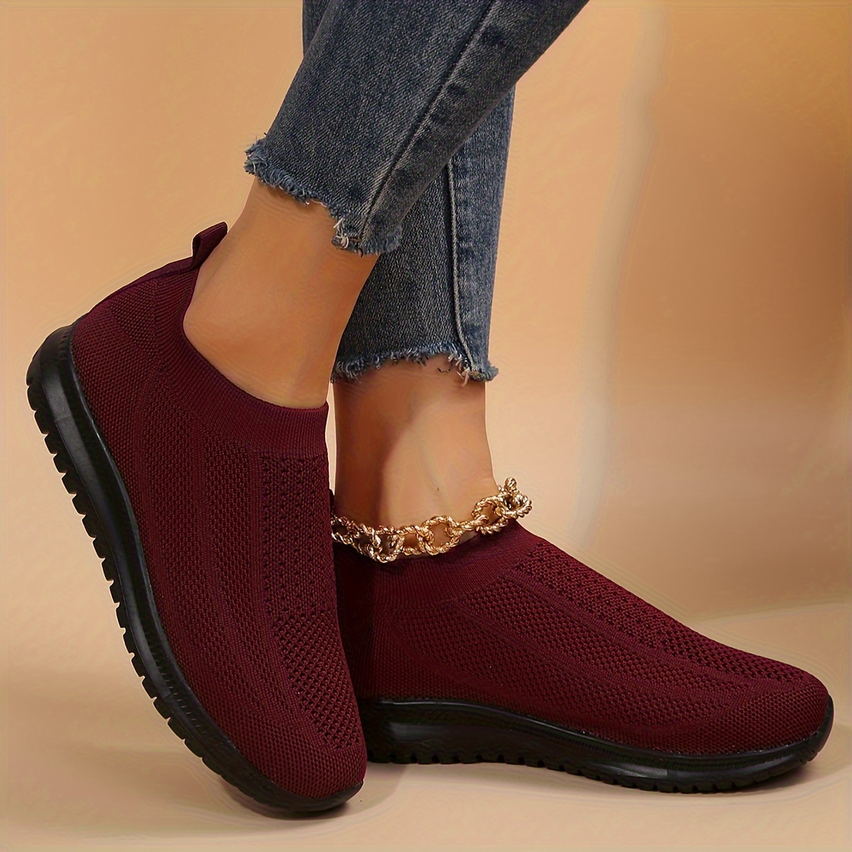 Women's Burgundy Slip-On Sneakers Lightweight, Breathable Knit Fabric  Versatile Running Shoes with Non-Slip EVA Sole, Casual Low-Top Des