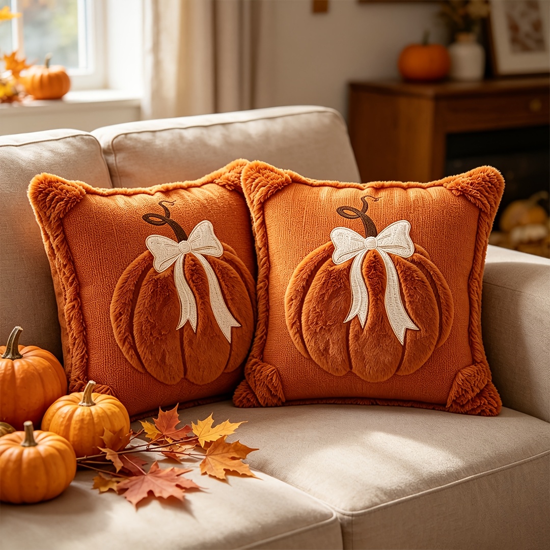 TEMU Lot de 2 housses de coussin 18x18 pouces en peluche avec nœud citrouille, taies d'oreiller décorées avec un énorme nœud citrouille, douces et