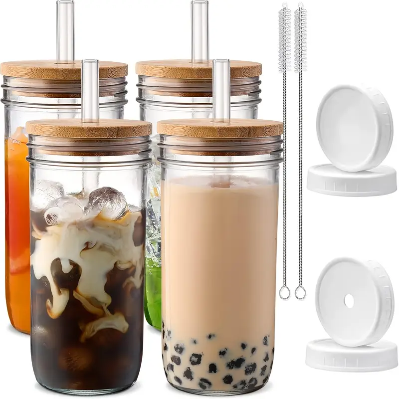 glass cups with lids and straws 24 oz travel coffee mug wide mouth mason jar iced coffee cup smoothie cup glass tumbler tea cup clear cups cute water cups drinking glasses 2 4packs Product details 5