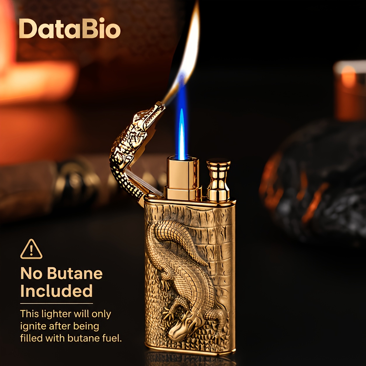 TEMU Butane Double Flamme Design Crocodile Unique ( Butane) - Coupe-Vent, Rechargeable, Métal Doré avec Effet Flamme Bleue - Parfait pour l'Extérieur