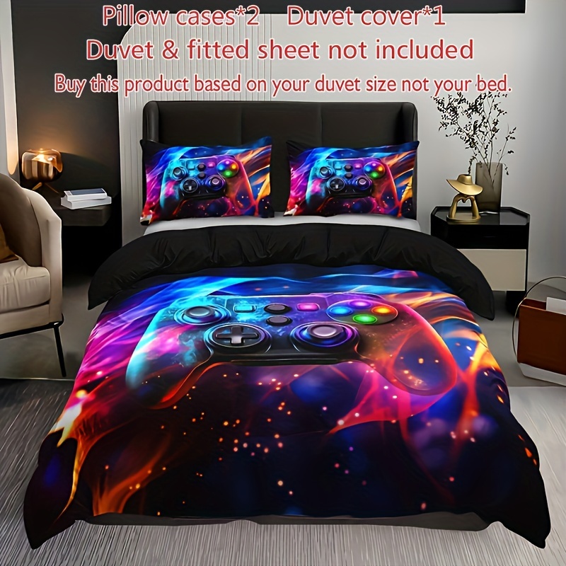 3pcs Cartoon Game Controller Duvet Cover Set, 1 Duvet Cover + 2 Pillowcases (pillows Not Included), High-definition Print For Home And Dormitory