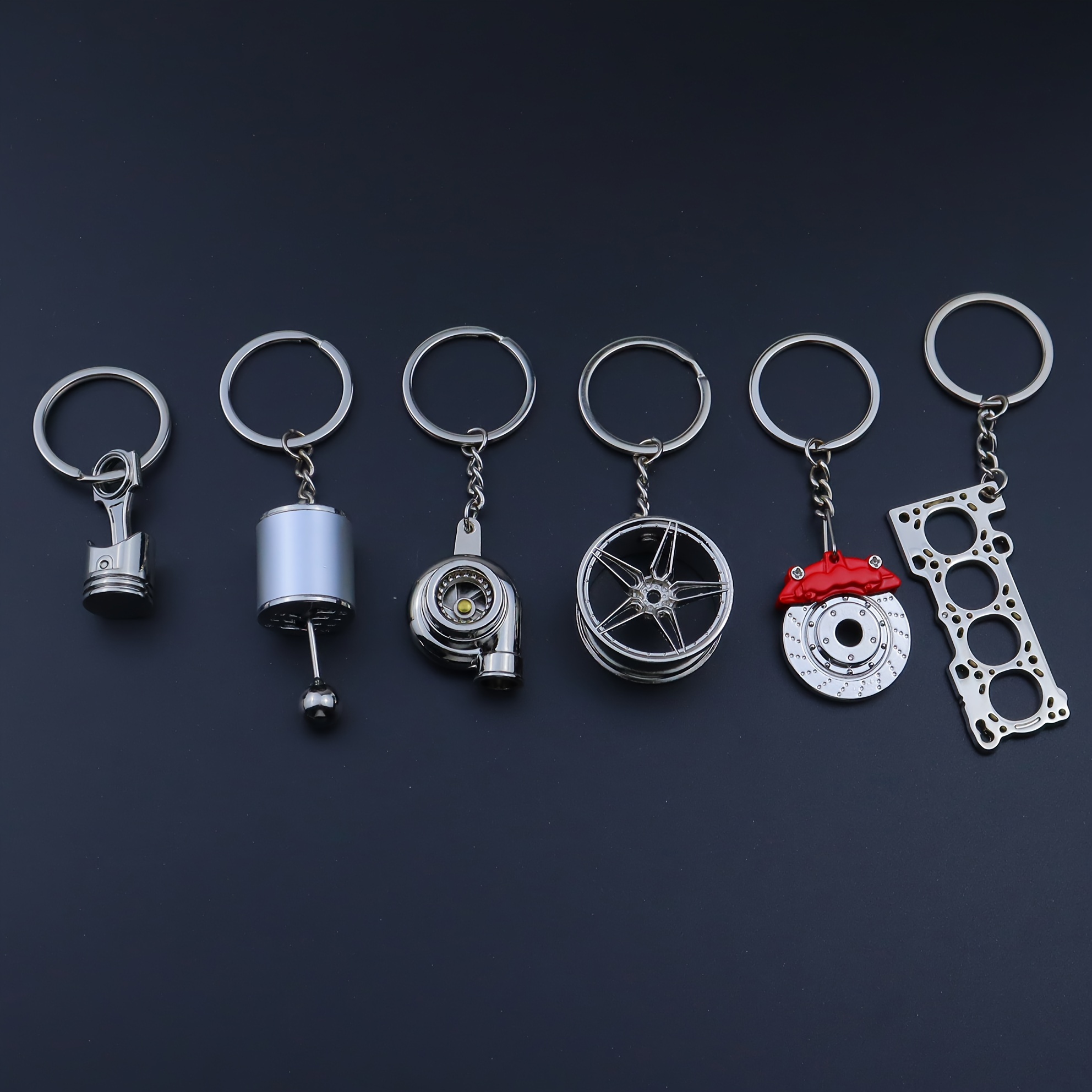 TEMU 6pcs Auto Modifikation Schlüsselbund Set, Kolben, Turbo, Rad, Gangschalter, Bremsdiskus, Motorteil, Auto Modifikation Kultur Schlüsselbund,