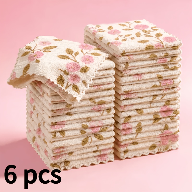 TEMU 6pcs Double-sided Coral Fleece Towels, Quick-dry Absorbent Cleaning Cloths, Reusable Microfiber Cloths, Suitable For Cleaning Kitchens,