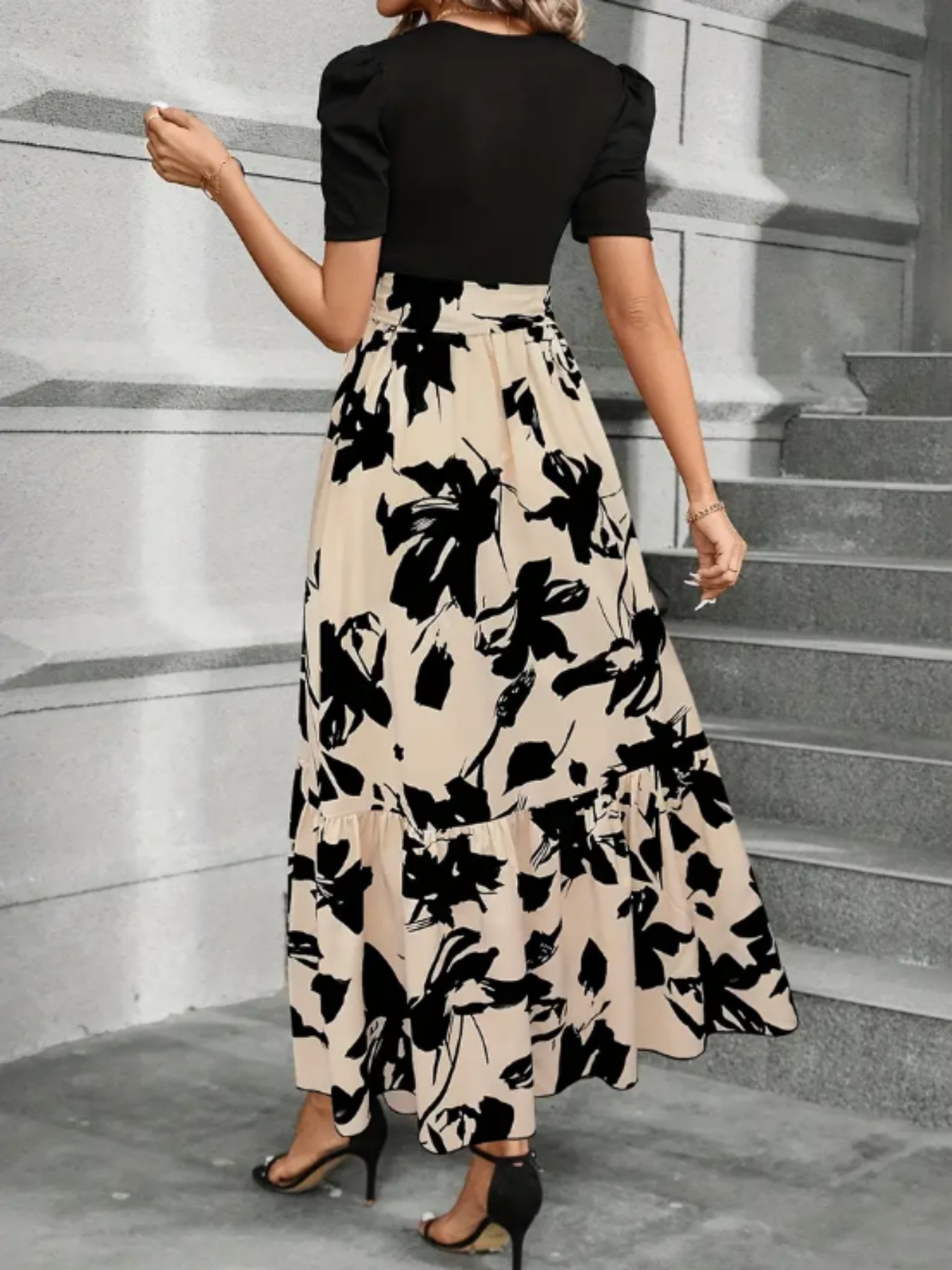 ladies puff sleeve line flowy floor length dress round neck - Temu